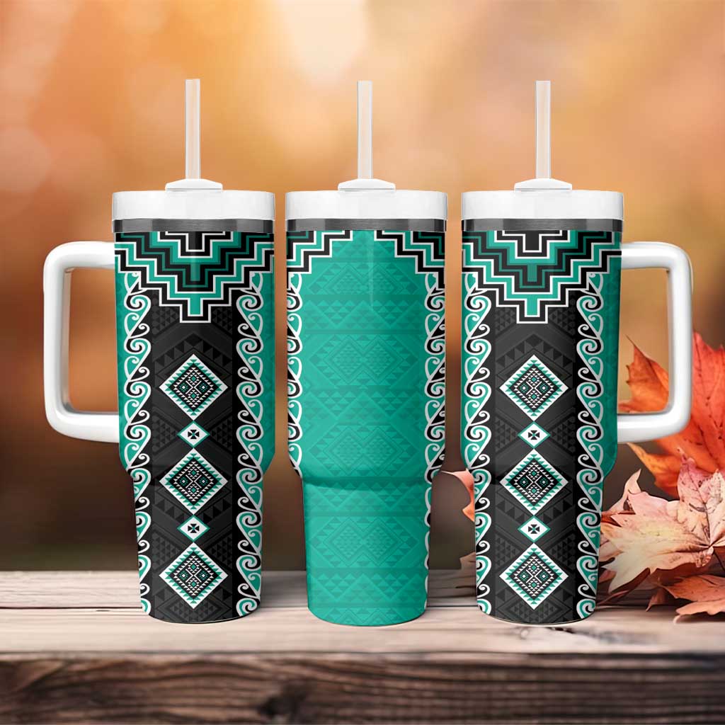 Teal Niho Taniwha Mix Poutama Tumbler With Handle Unique Taniko Aotearoa LT01 - Polynesian Pride