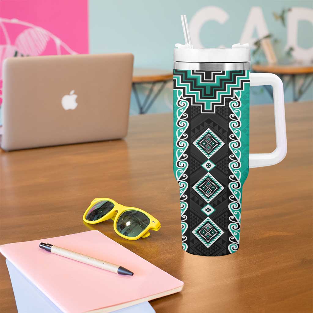 Teal Niho Taniwha Mix Poutama Tumbler With Handle Unique Taniko Aotearoa LT01 - Polynesian Pride