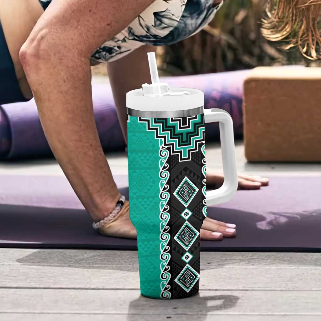 Teal Niho Taniwha Mix Poutama Tumbler With Handle Unique Taniko Aotearoa LT01 - Polynesian Pride