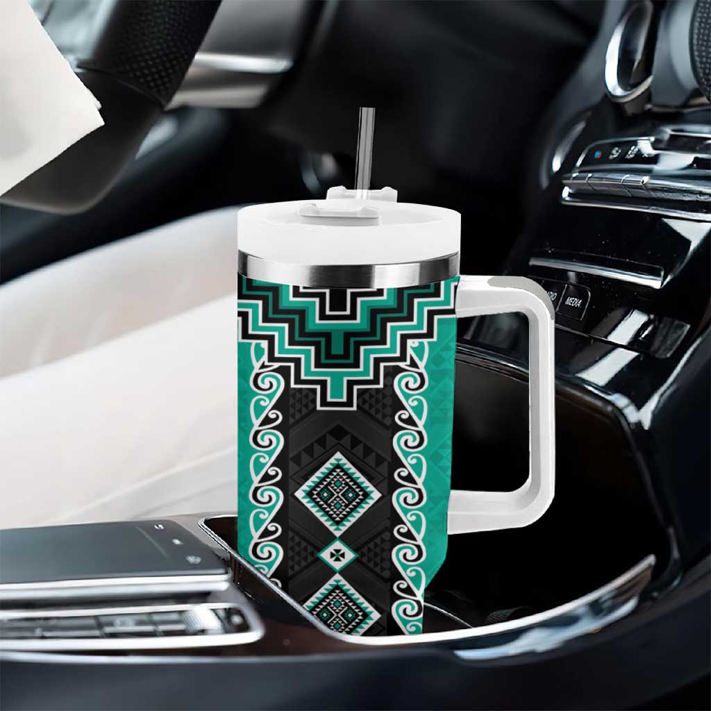 Teal Niho Taniwha Mix Poutama Tumbler With Handle Unique Taniko Aotearoa LT01 - Polynesian Pride