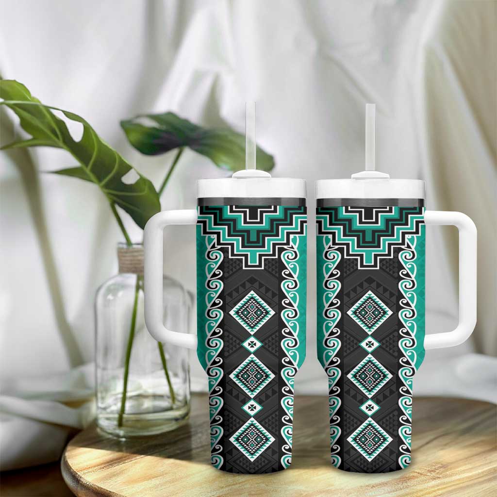 Teal Niho Taniwha Mix Poutama Tumbler With Handle Unique Taniko Aotearoa LT01 - Polynesian Pride