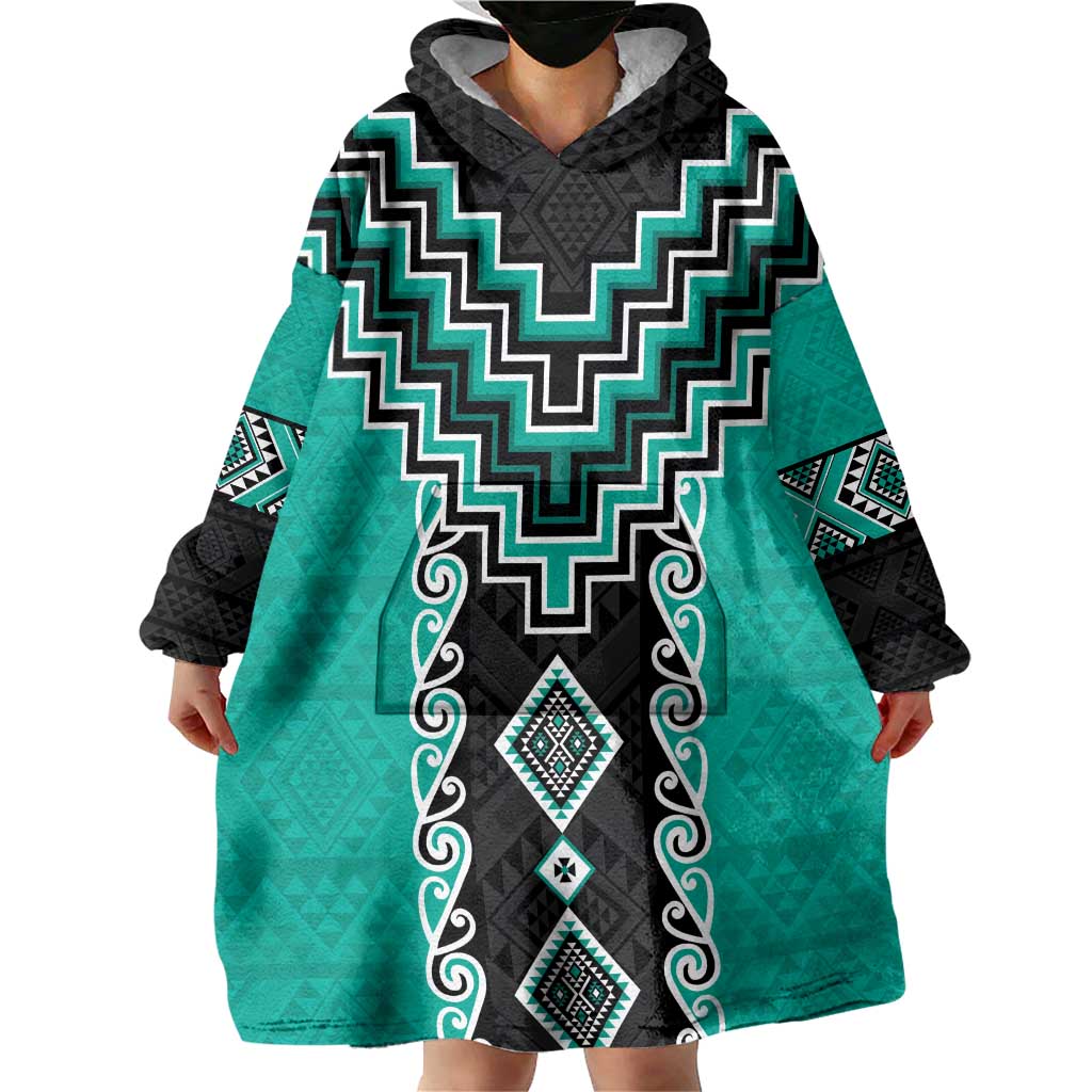 Teal Niho Taniwha Mix Poutama Wearable Blanket Hoodie Unique Taniko Aotearoa LT01 - Polynesian Pride