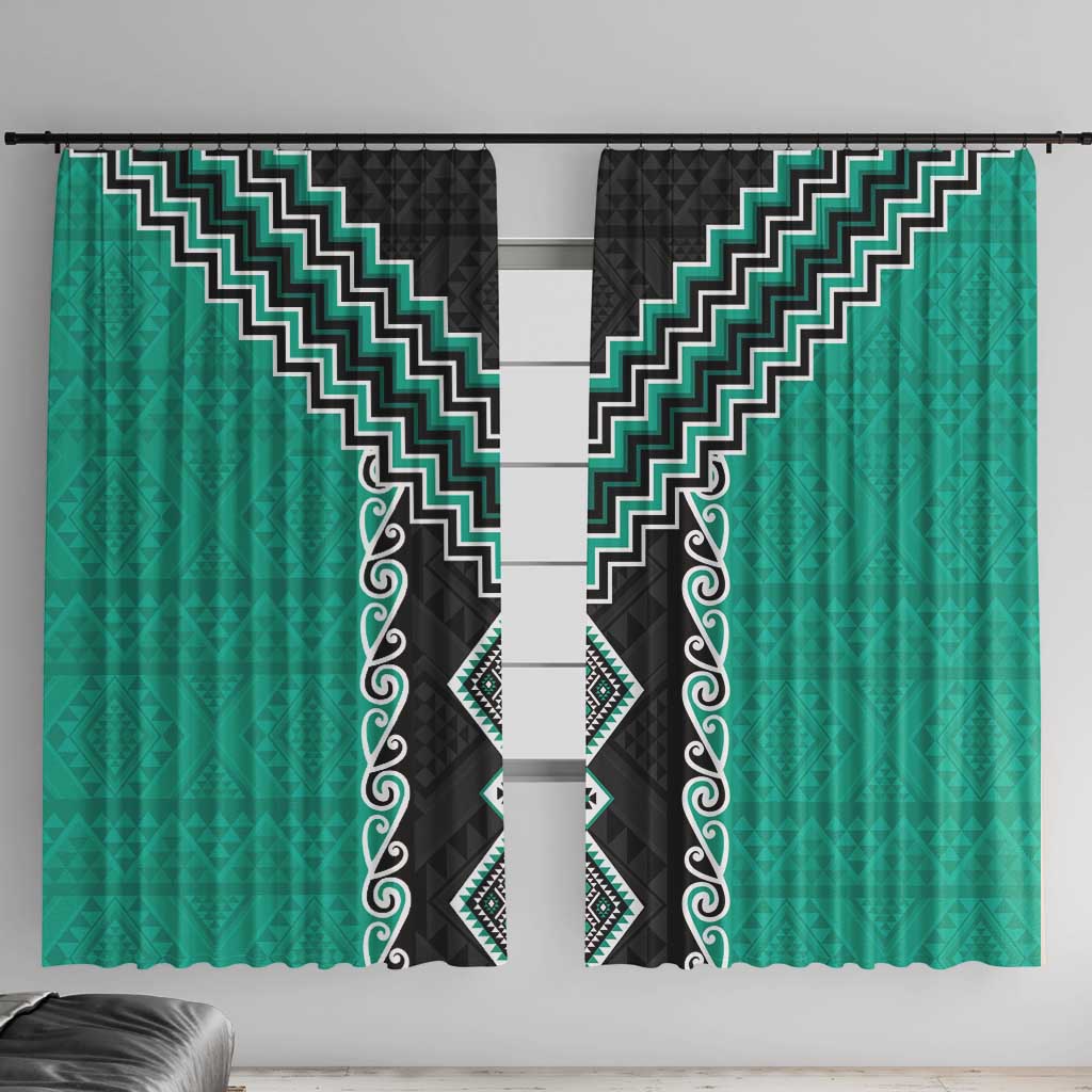 Teal Niho Taniwha Mix Poutama Window Curtain Unique Taniko Aotearoa LT01 With Hooks Teal - Polynesian Pride