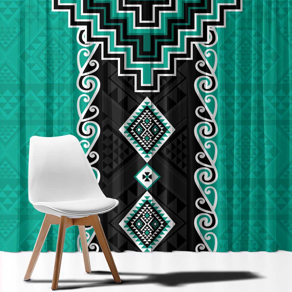 Teal Niho Taniwha Mix Poutama Window Curtain Unique Taniko Aotearoa LT01 - Polynesian Pride