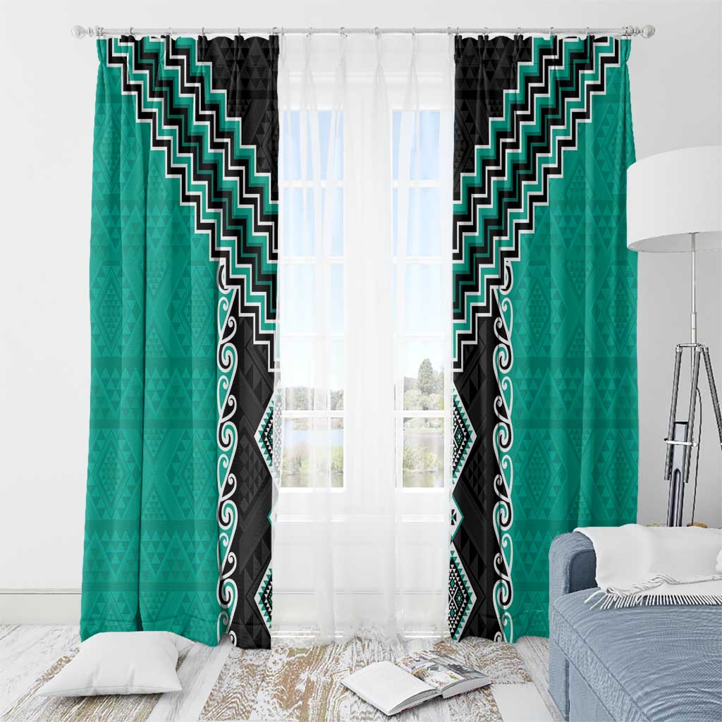 Teal Niho Taniwha Mix Poutama Window Curtain Unique Taniko Aotearoa LT01 - Polynesian Pride
