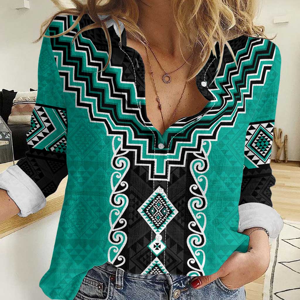 Teal Niho Taniwha Mix Poutama Women Casual Shirt Unique Taniko Aotearoa
