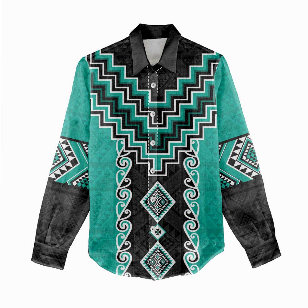 Teal Niho Taniwha Mix Poutama Women Casual Shirt Unique Taniko Aotearoa