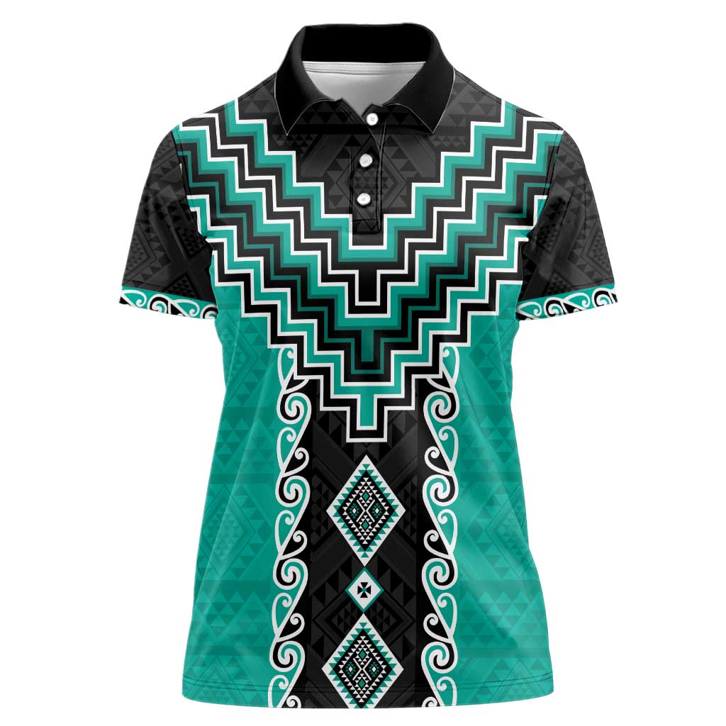 Teal Niho Taniwha Mix Poutama Women Polo Shirt Unique Taniko Aotearoa