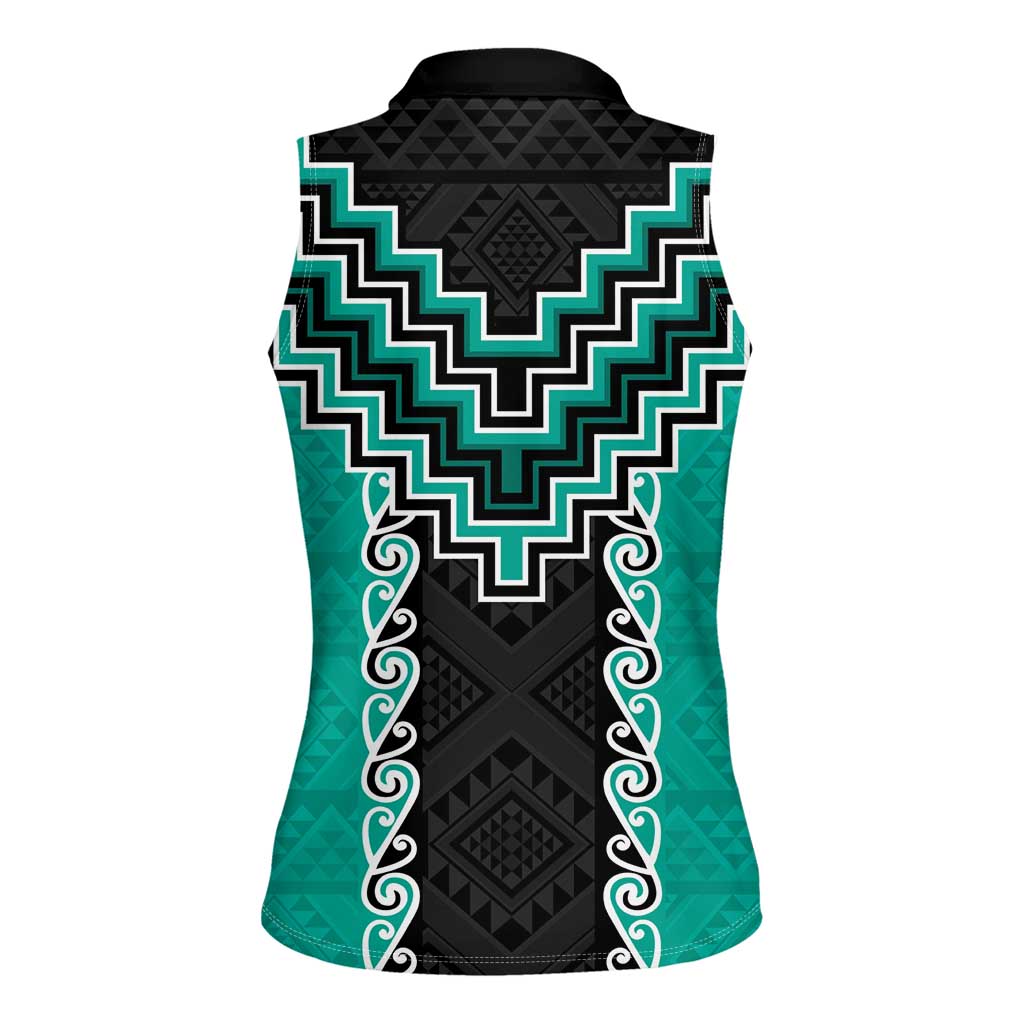 Teal Niho Taniwha Mix Poutama Women Sleeveless Polo Shirt Unique Taniko Aotearoa