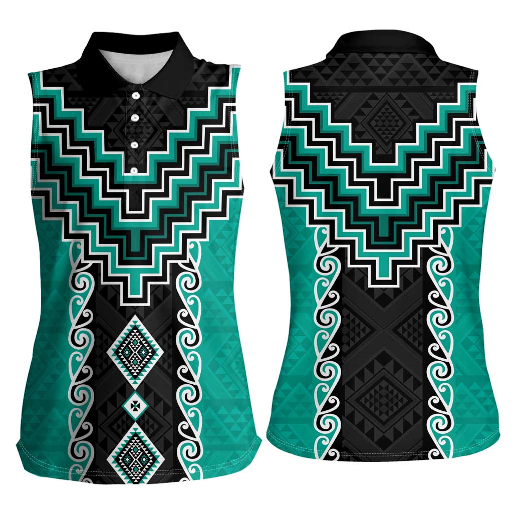 Teal Niho Taniwha Mix Poutama Women Sleeveless Polo Shirt Unique Taniko Aotearoa