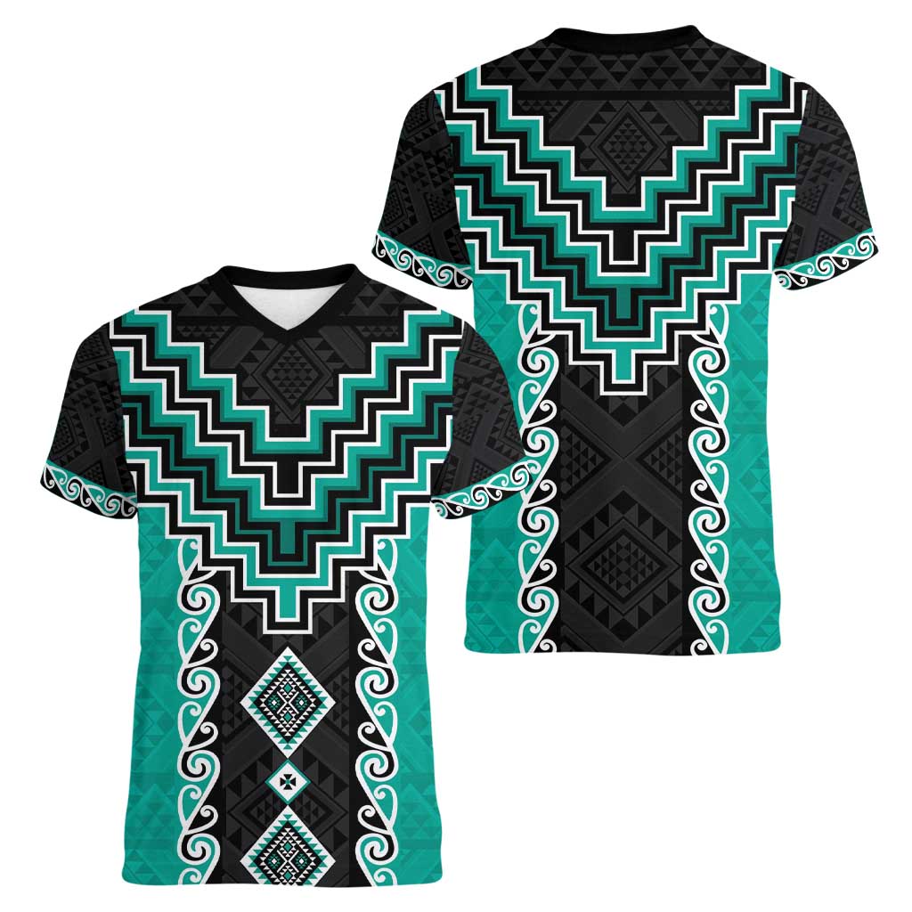 Teal Niho Taniwha Mix Poutama Women V-Neck T-Shirt Unique Taniko Aotearoa LT01 - Polynesian Pride