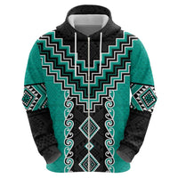 Teal Niho Taniwha Mix Poutama Zip Hoodie Unique Taniko Aotearoa