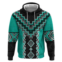 Teal Niho Taniwha Mix Poutama Zip Hoodie Unique Taniko Aotearoa