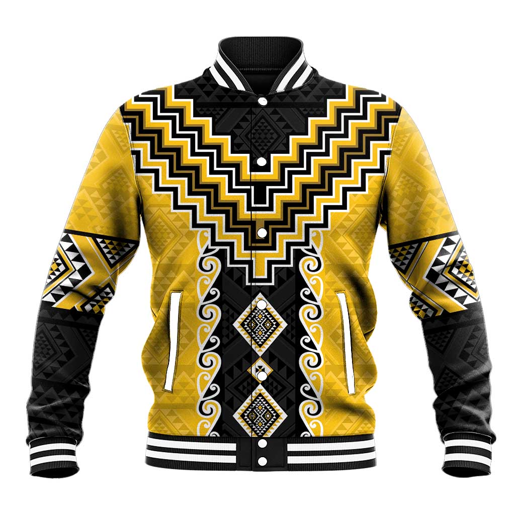 Yellow Niho Taniwha Mix Poutama Baseball Jacket Unique Taniko Aotearoa LT01 Unisex Yellow - Polynesian Pride