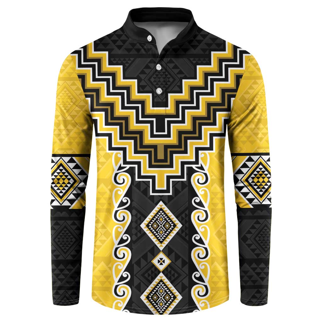 Yellow Niho Taniwha Mix Poutama Button Sweatshirt Unique Taniko Aotearoa LT01 Yellow - Polynesian Pride