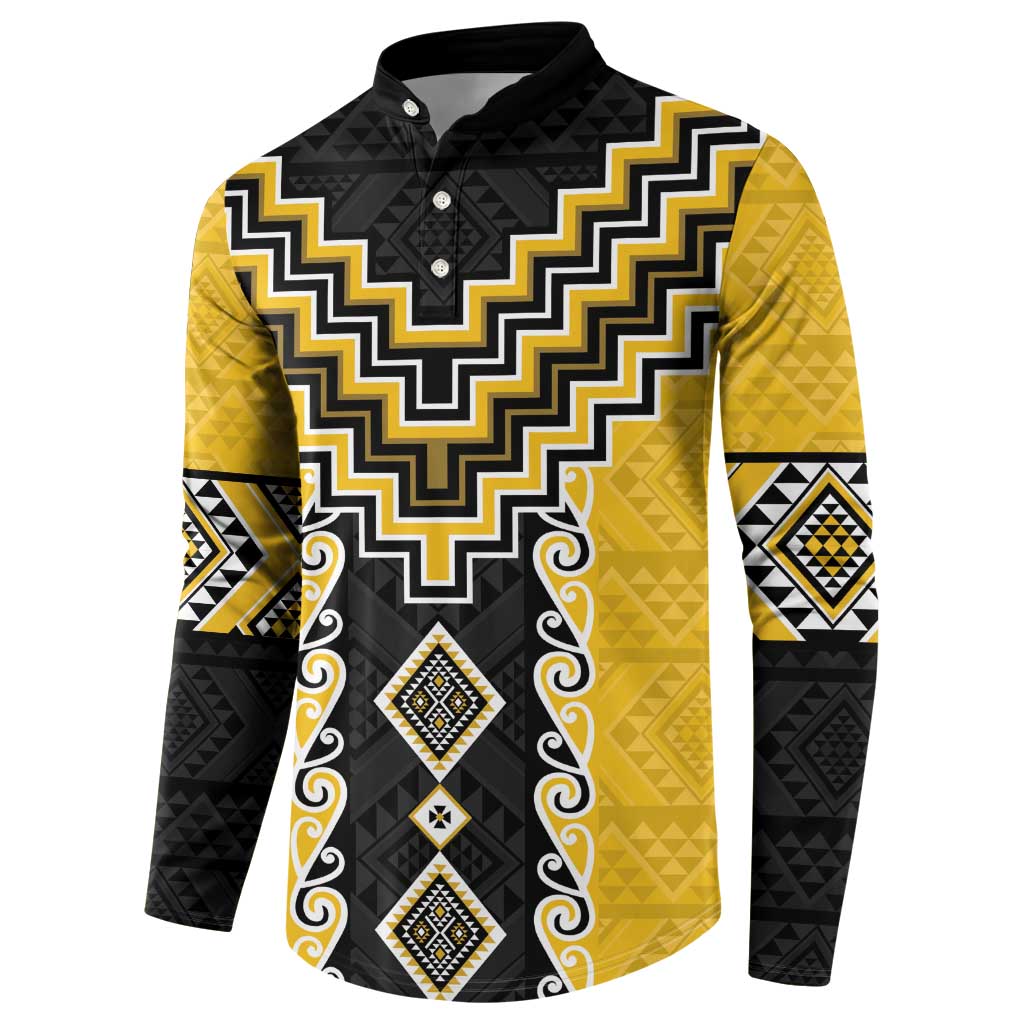 Yellow Niho Taniwha Mix Poutama Button Sweatshirt Unique Taniko Aotearoa LT01 - Polynesian Pride