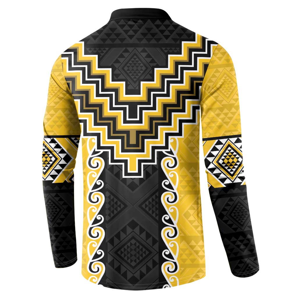 Yellow Niho Taniwha Mix Poutama Button Sweatshirt Unique Taniko Aotearoa LT01 - Polynesian Pride