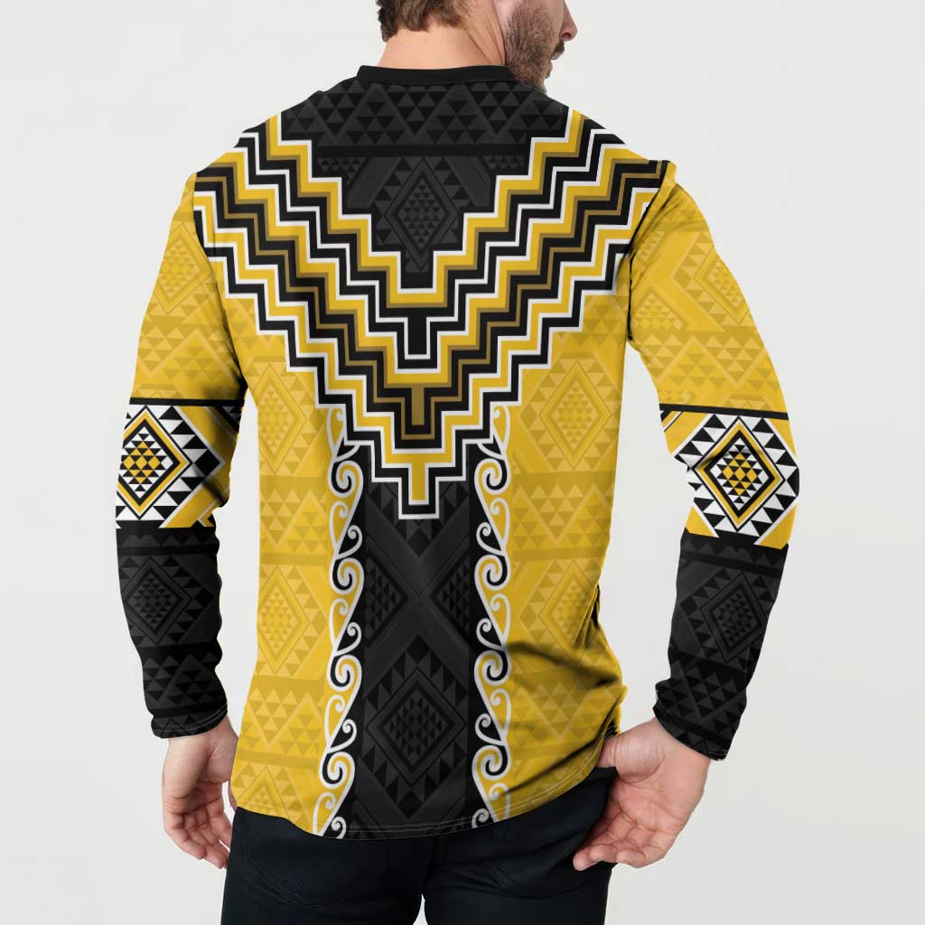 Yellow Niho Taniwha Mix Poutama Button Sweatshirt Unique Taniko Aotearoa LT01 - Polynesian Pride