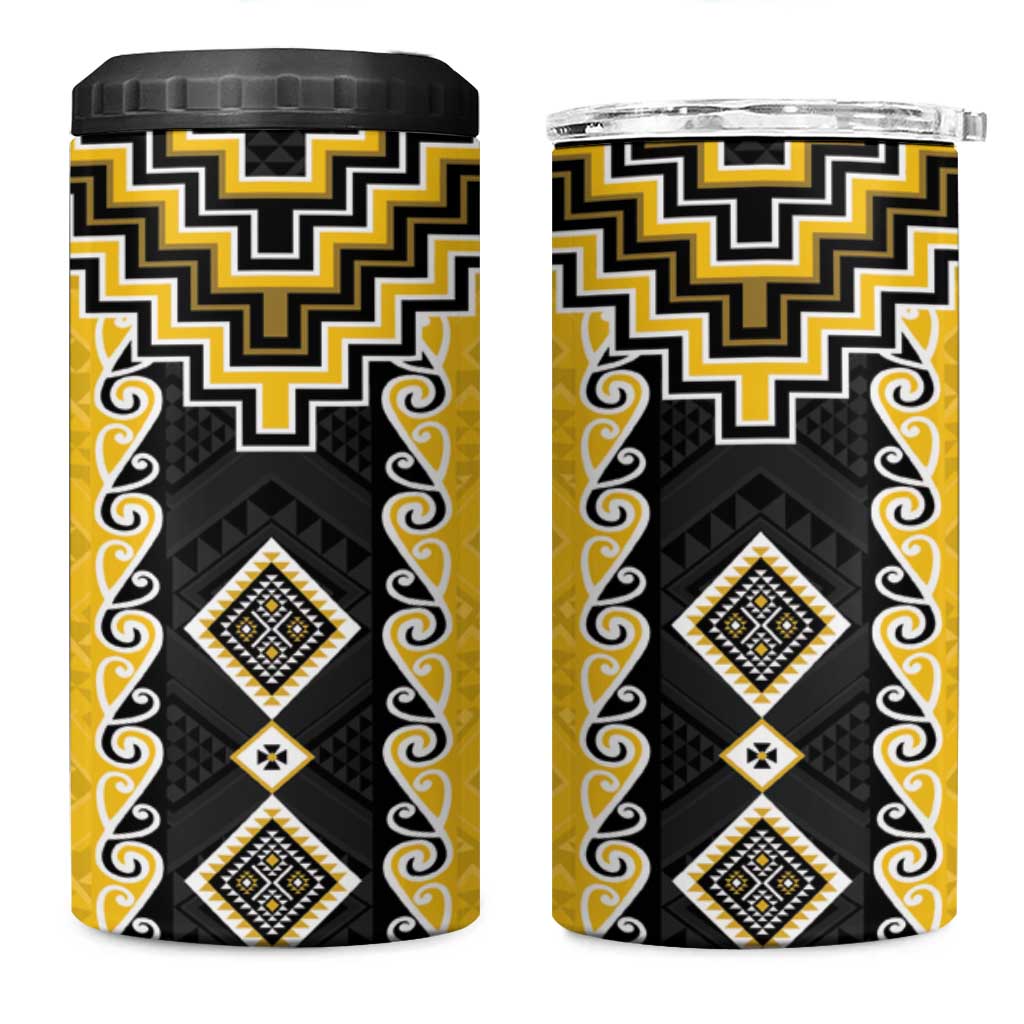 Yellow Niho Taniwha Mix Poutama 4 in 1 Can Cooler Tumbler Unique Taniko Aotearoa LT01 One Size: 16 oz Yellow - Polynesian Pride