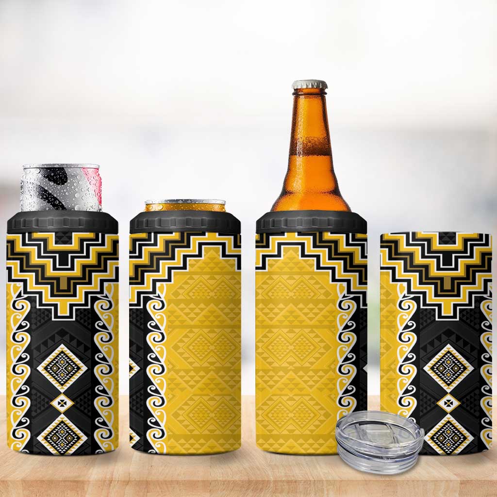Yellow Niho Taniwha Mix Poutama 4 in 1 Can Cooler Tumbler Unique Taniko Aotearoa LT01 - Polynesian Pride