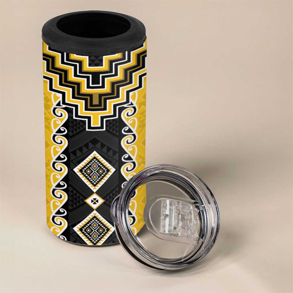 Yellow Niho Taniwha Mix Poutama 4 in 1 Can Cooler Tumbler Unique Taniko Aotearoa LT01 - Polynesian Pride