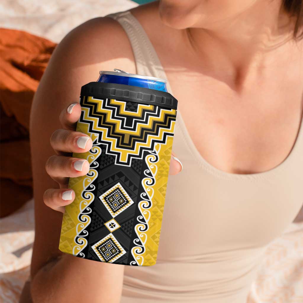 Yellow Niho Taniwha Mix Poutama 4 in 1 Can Cooler Tumbler Unique Taniko Aotearoa LT01 - Polynesian Pride