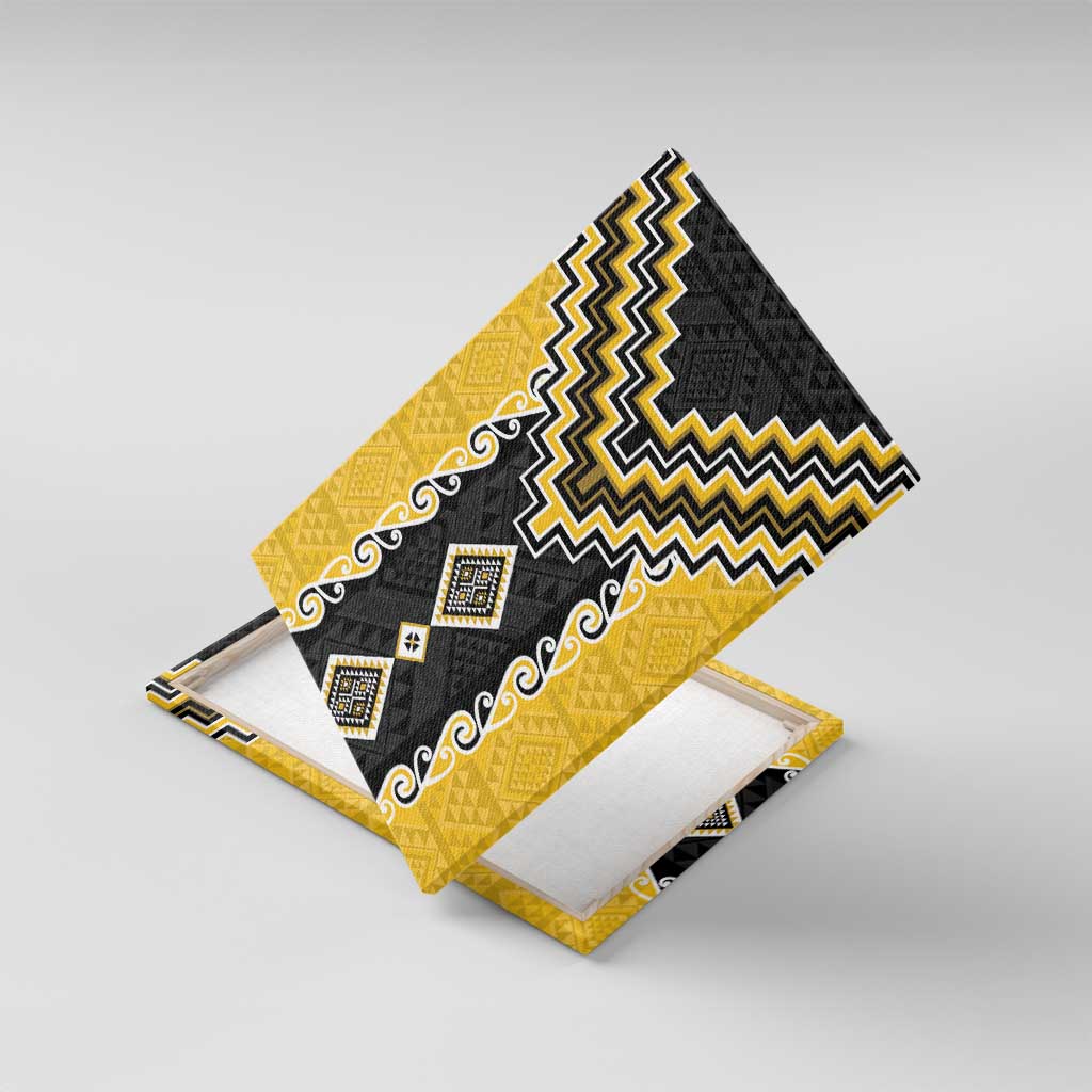 Yellow Niho Taniwha Mix Poutama Canvas Wall Art Unique Taniko Aotearoa LT01 With Frame Yellow - Polynesian Pride