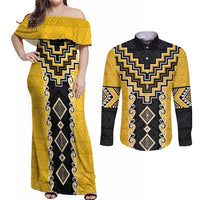 Yellow Niho Taniwha Mix Poutama Couples Matching Off Shoulder Maxi Dress and Long Sleeve Button Shirt Unique Taniko Aotearoa LT01 Yellow - Polynesian Pride