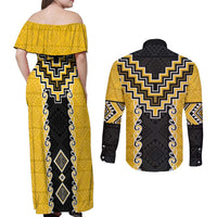 Yellow Niho Taniwha Mix Poutama Couples Matching Off Shoulder Maxi Dress and Long Sleeve Button Shirt Unique Taniko Aotearoa LT01 - Polynesian Pride