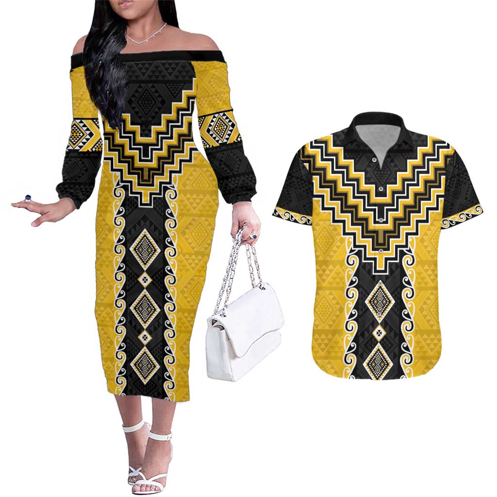 Yellow Niho Taniwha Mix Poutama Couples Matching Off The Shoulder Long Sleeve Dress and Hawaiian Shirt Unique Taniko Aotearoa LT01 Yellow - Polynesian Pride