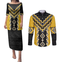 Yellow Niho Taniwha Mix Poutama Couples Matching Puletasi and Long Sleeve Button Shirt Unique Taniko Aotearoa LT01 Yellow - Polynesian Pride