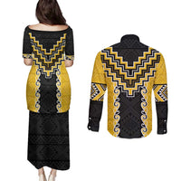 Yellow Niho Taniwha Mix Poutama Couples Matching Puletasi and Long Sleeve Button Shirt Unique Taniko Aotearoa LT01 - Polynesian Pride