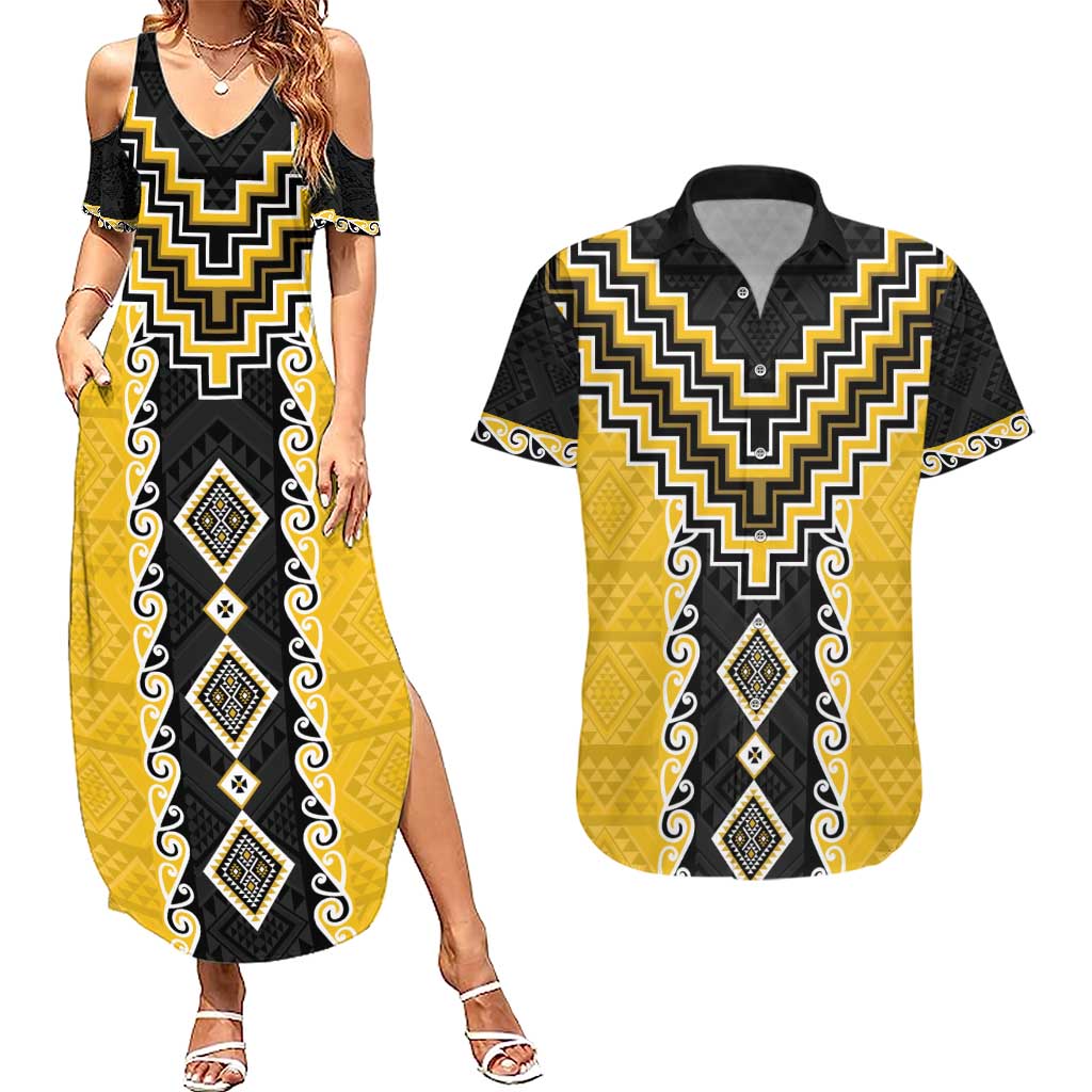 Yellow Niho Taniwha Mix Poutama Couples Matching Summer Maxi Dress and Hawaiian Shirt Unique Taniko Aotearoa LT01 Yellow - Polynesian Pride