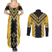Yellow Niho Taniwha Mix Poutama Couples Matching Summer Maxi Dress and Long Sleeve Button Shirt Unique Taniko Aotearoa LT01 - Polynesian Pride