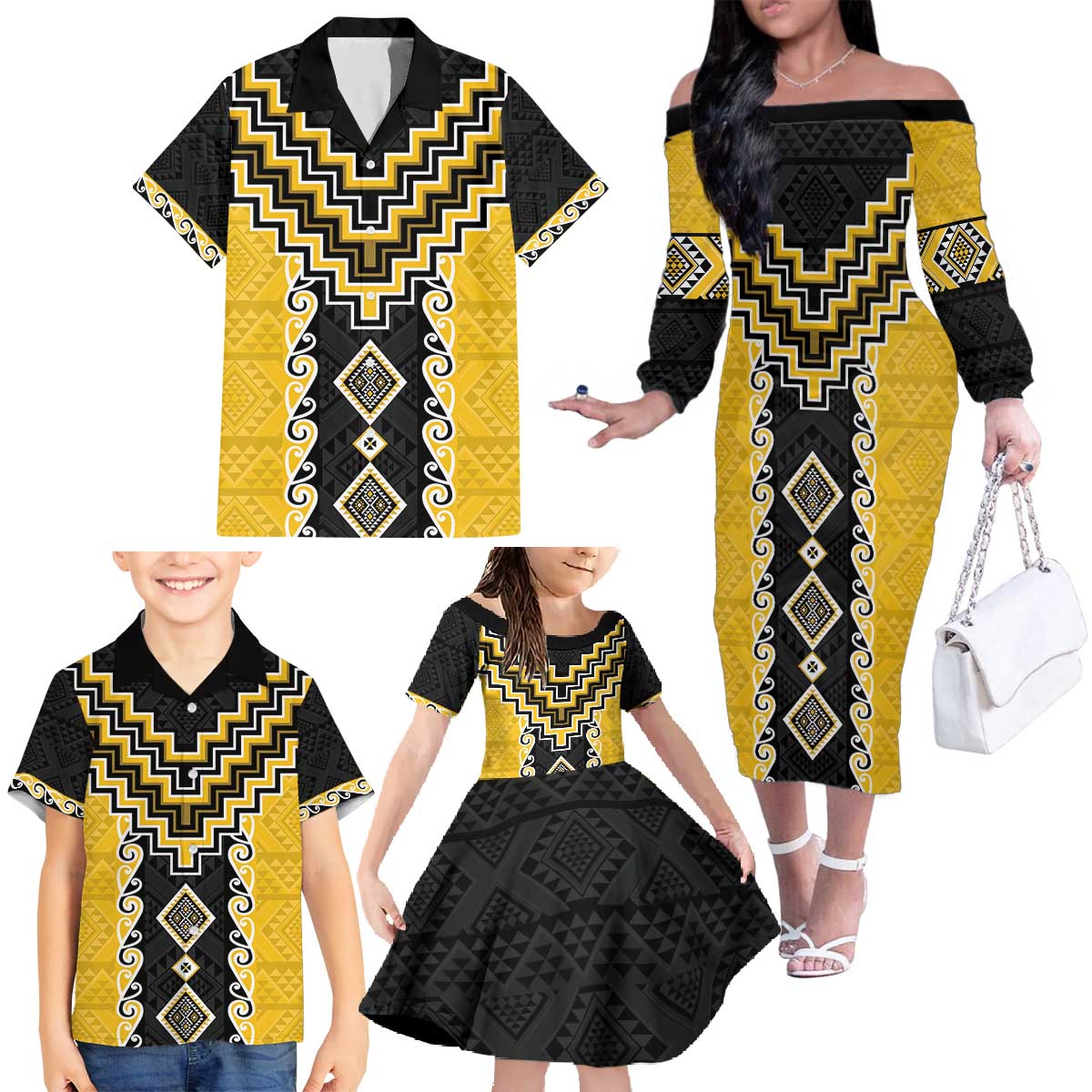 Yellow Niho Taniwha Mix Poutama Family Matching Off The Shoulder Long Sleeve Dress and Hawaiian Shirt Unique Taniko Aotearoa