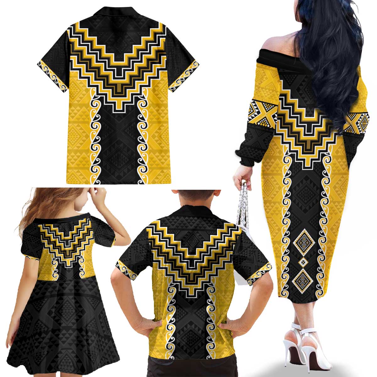 Yellow Niho Taniwha Mix Poutama Family Matching Off The Shoulder Long Sleeve Dress and Hawaiian Shirt Unique Taniko Aotearoa