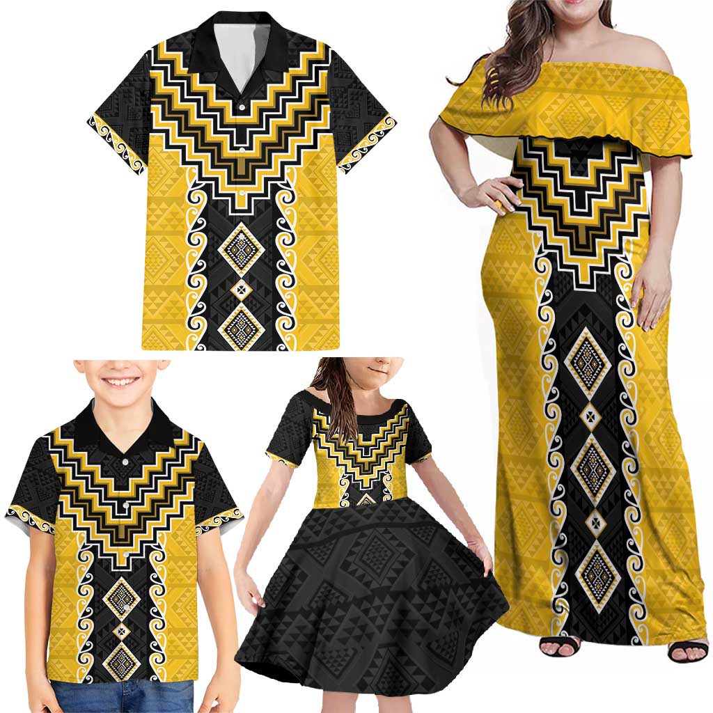 Yellow Niho Taniwha Mix Poutama Family Matching Off Shoulder Maxi Dress and Hawaiian Shirt Unique Taniko Aotearoa