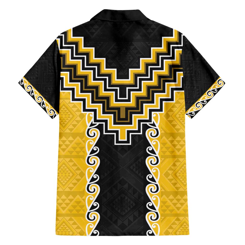 Yellow Niho Taniwha Mix Poutama Family Matching Off Shoulder Short Dress and Hawaiian Shirt Unique Taniko Aotearoa