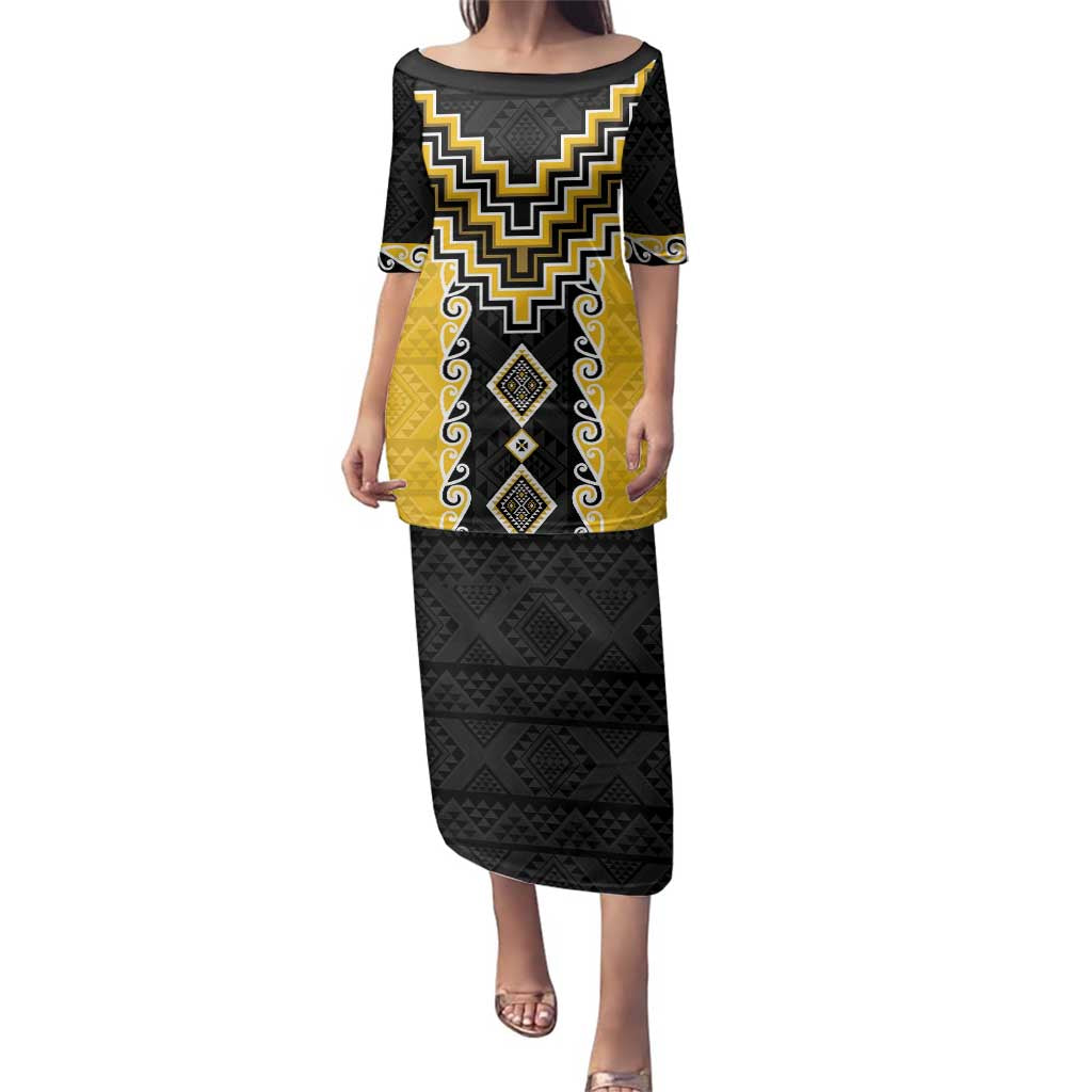 Yellow Niho Taniwha Mix Poutama Family Matching Puletasi and Hawaiian Shirt Unique Taniko Aotearoa