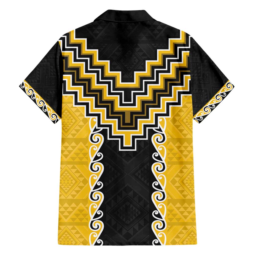 Yellow Niho Taniwha Mix Poutama Family Matching Short Sleeve Bodycon Dress and Hawaiian Shirt Unique Taniko Aotearoa