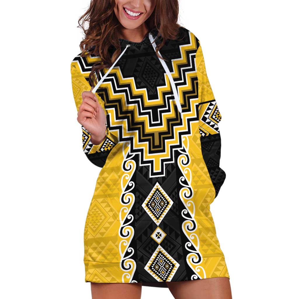 Yellow Niho Taniwha Mix Poutama Hoodie Dress Unique Taniko Aotearoa LT01 Yellow - Polynesian Pride