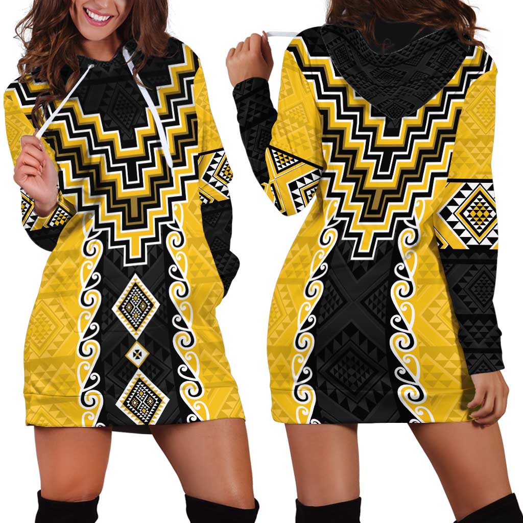 Yellow Niho Taniwha Mix Poutama Hoodie Dress Unique Taniko Aotearoa LT01 - Polynesian Pride