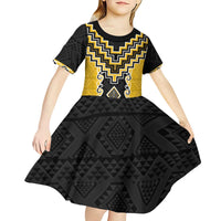 Yellow Niho Taniwha Mix Poutama Kid Short Sleeve Dress Unique Taniko Aotearoa