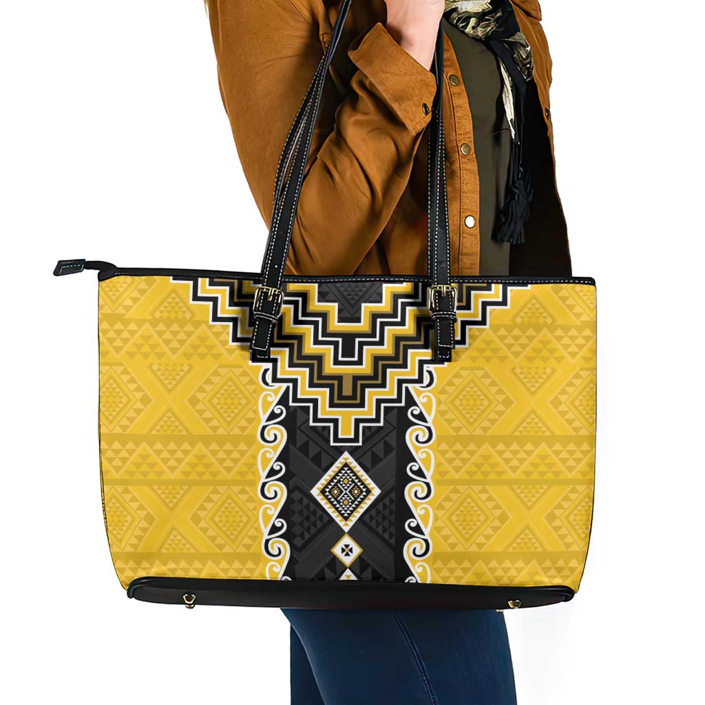 Yellow Niho Taniwha Mix Poutama Leather Tote Bag Unique Taniko Aotearoa