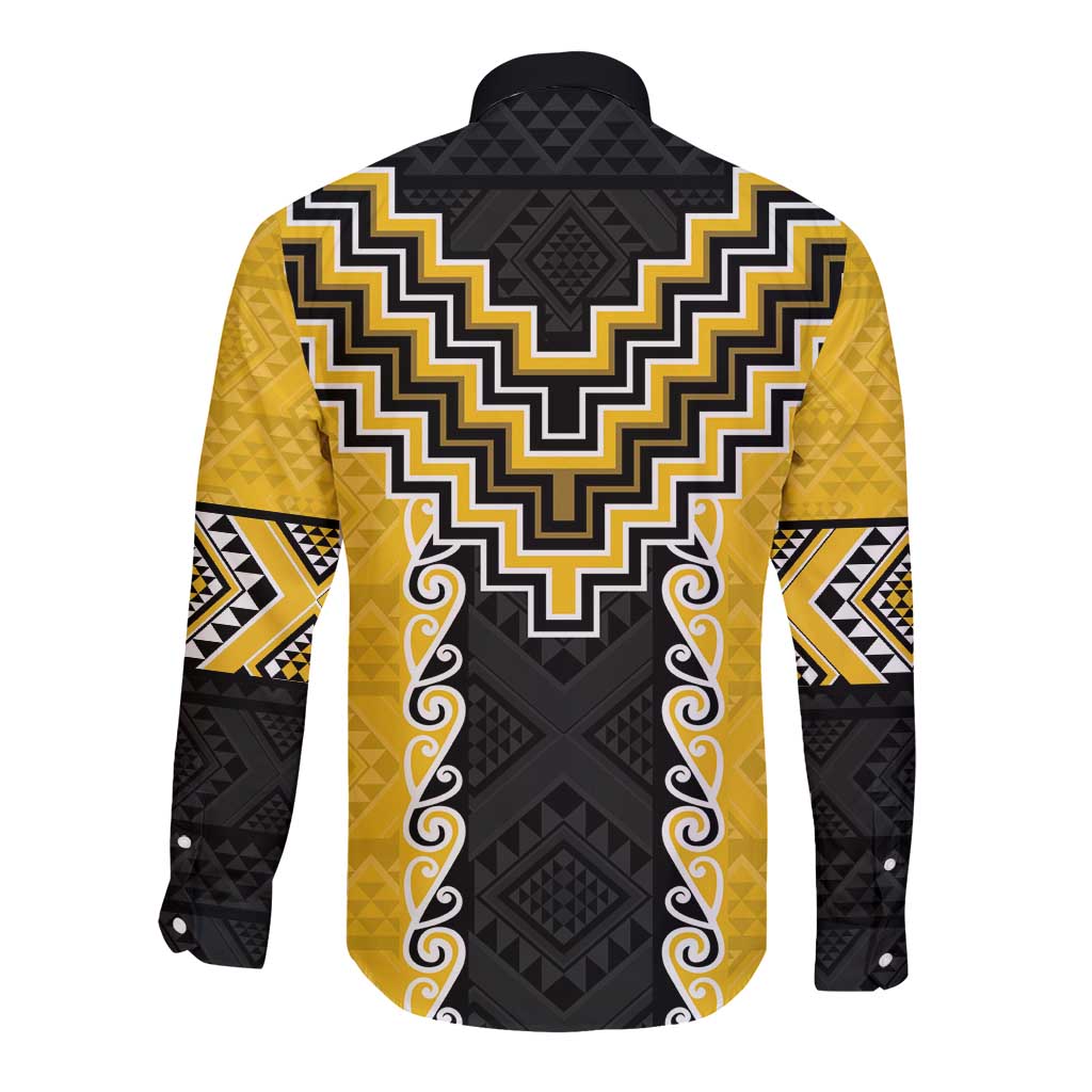 Yellow Niho Taniwha Mix Poutama Long Sleeve Button Shirt Unique Taniko Aotearoa LT01 - Polynesian Pride