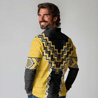 Yellow Niho Taniwha Mix Poutama Long Sleeve Polo Shirt Unique Taniko Aotearoa