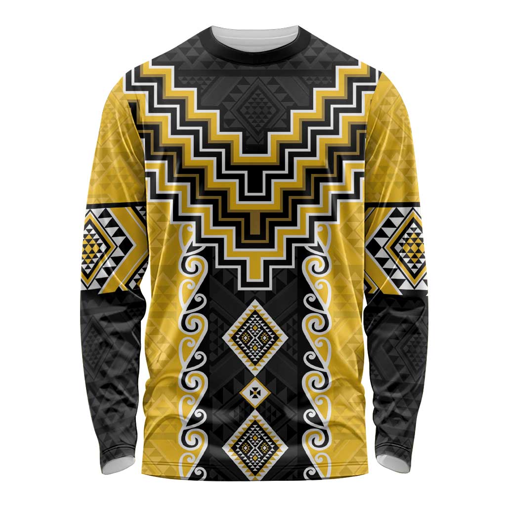 Yellow Niho Taniwha Mix Poutama Long Sleeve Shirt Unique Taniko Aotearoa LT01 Unisex Yellow - Polynesian Pride