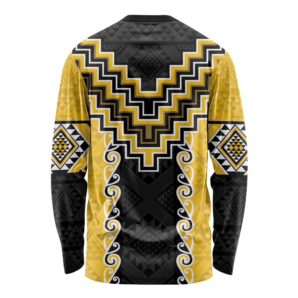Yellow Niho Taniwha Mix Poutama Long Sleeve Shirt Unique Taniko Aotearoa LT01 - Polynesian Pride
