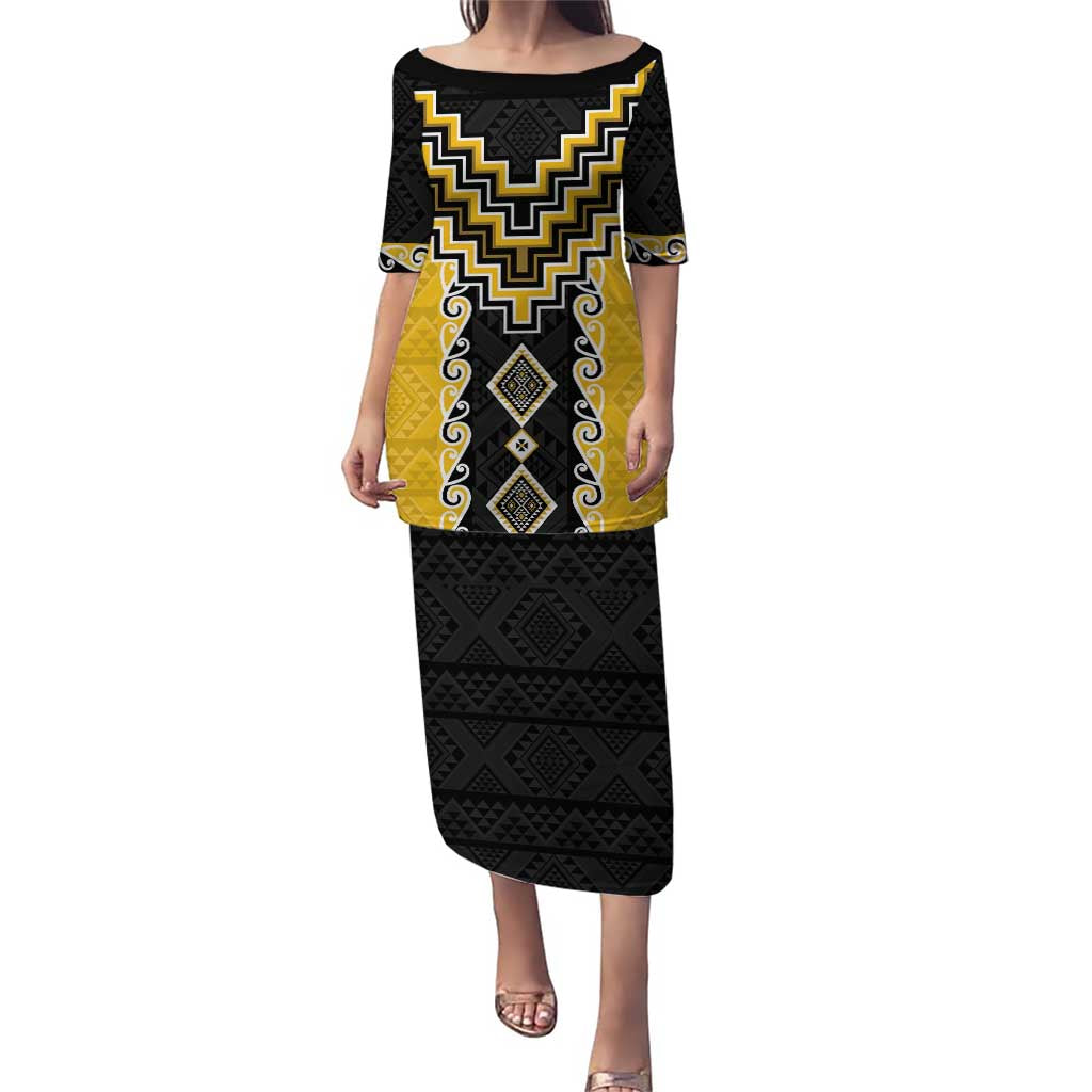 Yellow Niho Taniwha Mix Poutama Puletasi Unique Taniko Aotearoa LT01 Long Dress Yellow - Polynesian Pride