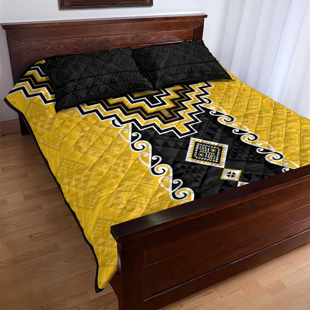 Yellow Niho Taniwha Mix Poutama Quilt Bed Set Unique Taniko Aotearoa LT01 - Polynesian Pride